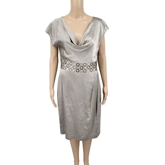 Ellen Tracy Dresses & Skirts - Ellen Tracy Champagne Satin Plunging Cowl Neckline Cap Sleeves Midi Sheath Dress